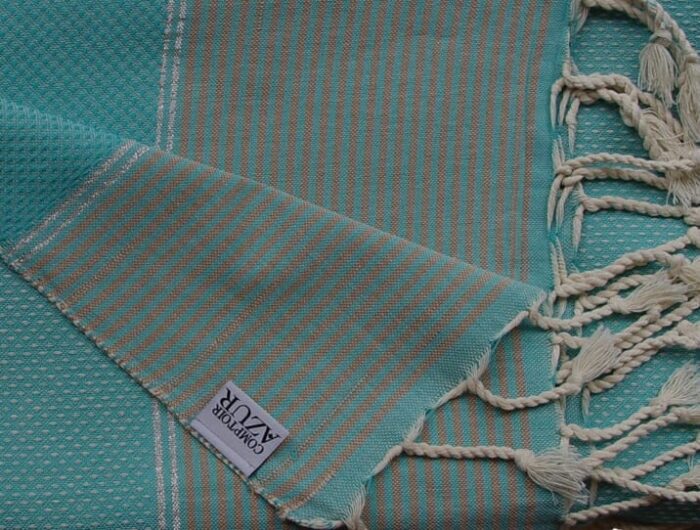 fouta turquoise rayée liseré argent