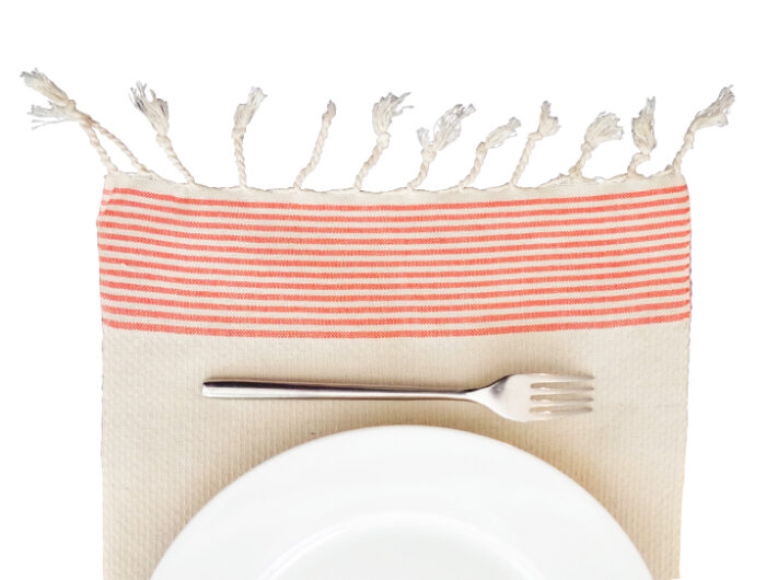 fouta set de table ecru raye orange assiette 02