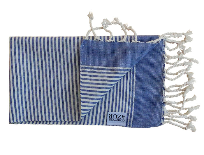 fouta set de table rayures bleu blanc plie